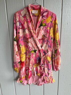 Rococo Sand Leona Floral Print Surplice Neck Ruffle Mini Dress Pink Size M